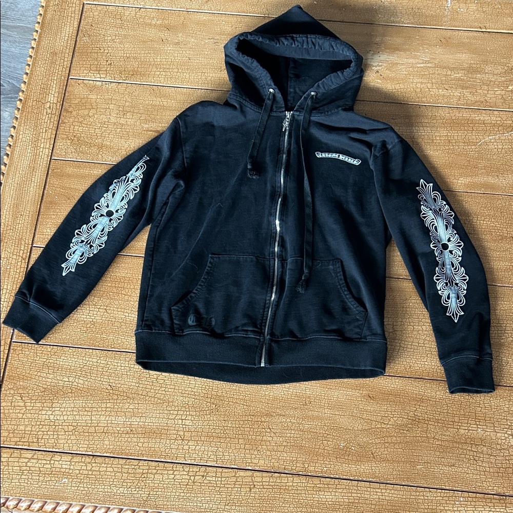 *AUTHENTIC* Chrome Hearts Brand Black Zip up jacket with designs, size men's sm